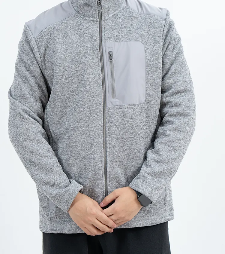 Grey Stand Collar Zip Jacket with Smooth Shoulder and Chest Panels