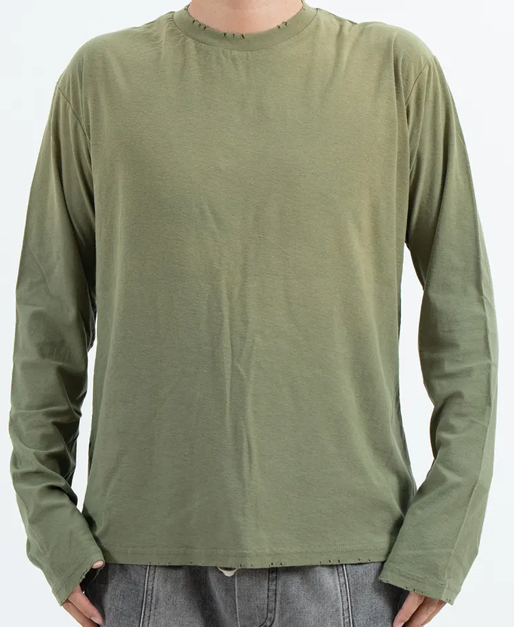 Olive Long Sleeve T-Shirt with Distressed Neckline and Hem
