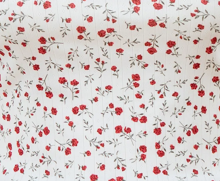 Fitted Crew Neck T-Shirt with Red Ditsy Floral Print