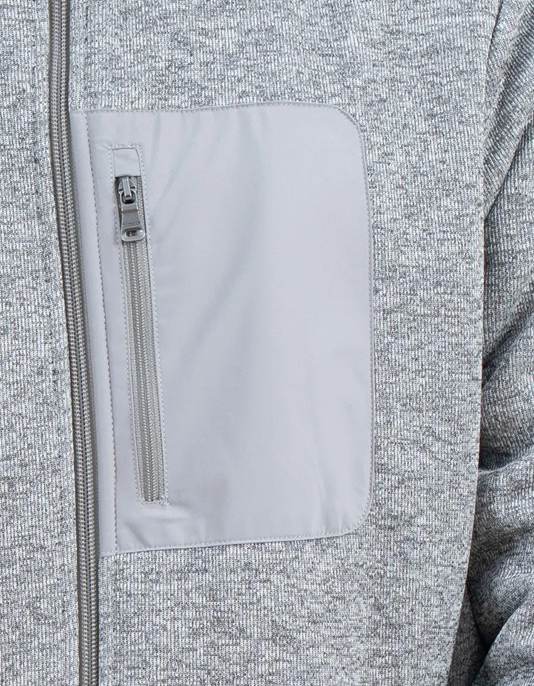 Grey Stand Collar Zip Jacket with Smooth Shoulder and Chest Panels
