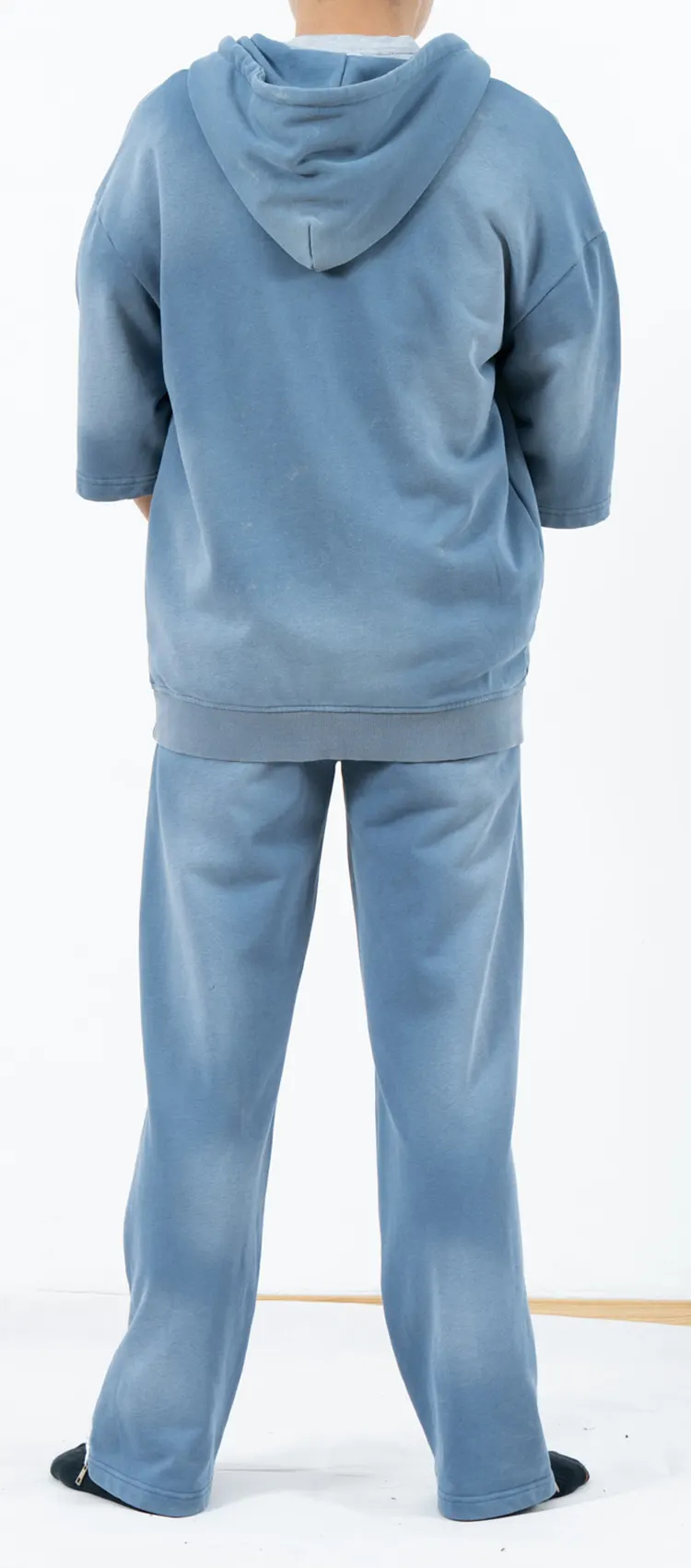 Blue Short Sleeve Hooded Tracksuit with White Side-Stripe Pants